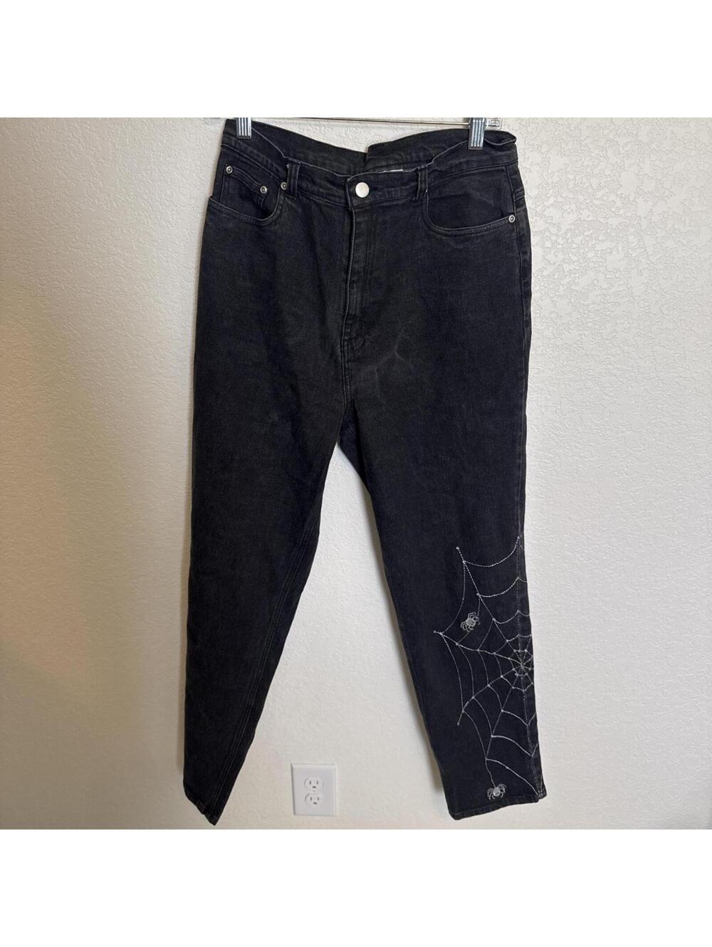 Vintage Quacker Factory Goth Spiderweb Black Denim Embroidered Jeans, 12